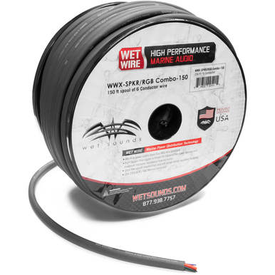 Rollo de Cable Marino Wet Sounds WWX-SPKR/RGB COMBO-150 para amplificador de Calibre 12 Frosted - Carrete de 150 pies Color Negro 12 AWG