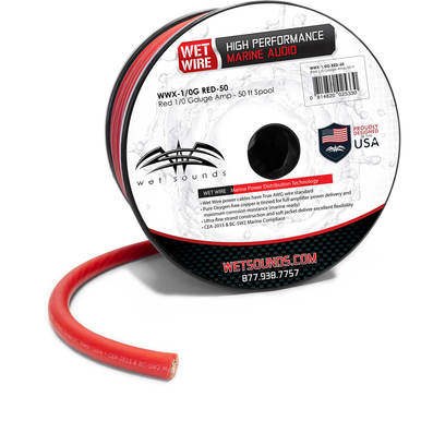 Rollo de Cable Marino Wet Sounds WWX-1/0G RED-50 para amplificador de calibre 1/0 - Carrete de 50 pies Color Rojo 1/0 GA