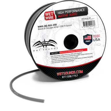 Rollo de Cable Marino Wet Sounds WW-8 BLK-250 para amplificador de calibre 8 Black Frosted - Carrete de 250 pies Color Negro 8 AWG